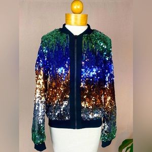 Starlette Sequin Bomber Jacket in Deep Seafoam, Cobalt Blue, Copper, & Silver